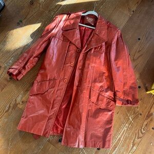 Vintage Men’s Leather Trench Coat / Jacket - Red Orange - Size XL